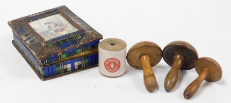 A group of sewing related items, to include a 19thC fruit wood reel holder in the form of an acorn, 5.5cm high, a marbled enamel thimble holder, in blues and greens, 25cm high, darning tools, etc. (a quantity)