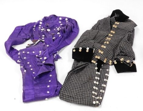 A pair of Pearly Kings and Queens outfits, male and female outfits, unfinished.