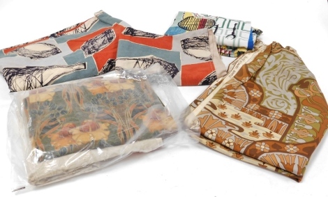 A group of mid century fabric, to include 1960s Grafton fabric decorated with leaves against a tiled blue and red background, David Bartle Water Garden pattern fabric, Art Nouveau style floral fabric, etc. (a quantity)