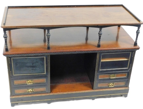 A late 19thC Aesthetic movement mahogany and ebonised side cabinet, the rectangular top above a recess supported by turned pilasters, above a central recess flanked by two glazed cupboards to either side and two pairs of drawers, 80cm high, 113cm wide, 48