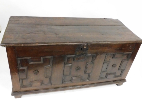 A 17thC oak coffer, with a cast iron lock plate and triple panelled front, raised on stiles, 71cm high, 140cm wide, 59cm deep.