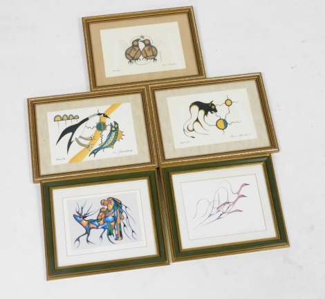 Canadian School. Five prints comprising Serenity by Norval Morriseau, 15cm x 25cm, Buffalo Spirit by Clemence Wescoupe, 15cm x 22cm, Loon and Fish by Jackson Beardy, 15cm x 22cm, Winter Travel by Cecil Young Fox, 13cm x 17.5cm, and Spring Flight by Benjam