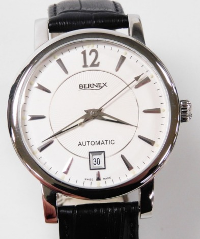 A Bernex gentleman's stainless steel cased wristwatch, circular dial, with batons and Arabic numeral at twelve, centre seconds, date aperture, water resistant Swiss movement, number 40605, on a leather strap, boxed with guarantee card.