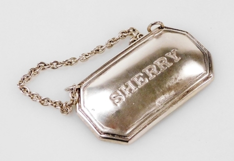 A silver sherry decanter label, on a chain suspension, boxed, 9.5g.