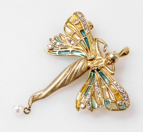 An Art Nouveau style silver gilt enamel and paste set brooch, formed as a figural butterfly, with a seed pearl drop, designed by Jonathan Lynne.