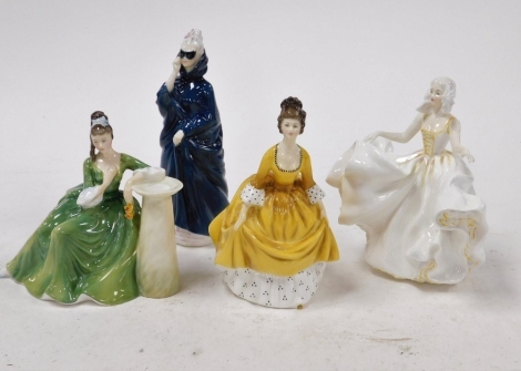 Four Royal Doulton porcelain figures, modelled as Masque, HN2554, Coralie, HN2307, Secret Forts, HN2382, and Sweet Seventeen, HN2734. (AF)