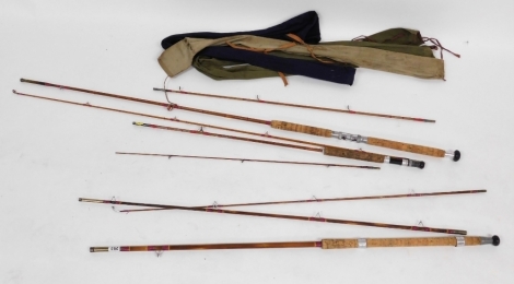 Three split cane fishing rods, comprising a V.A Allcock and Son three piece rod, a further three piece rod, together with a two piece rod.