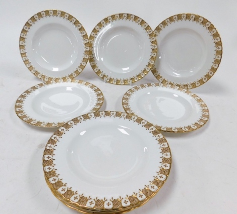 Eight Royal Crown Derby Heraldic pattern porcelain dessert plates, printed marks.