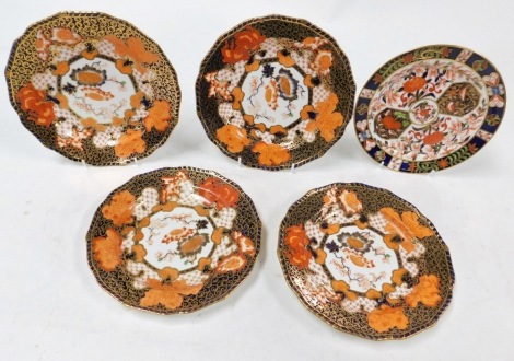 Four Royal Crown Derby Imari plates, floral decorated, and a further Royal Crown Derby Imari plate. (5)