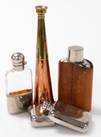 A cut glass and leather bound hip flask, further two hip flasks, and a copper and brass hunting horn. (4)