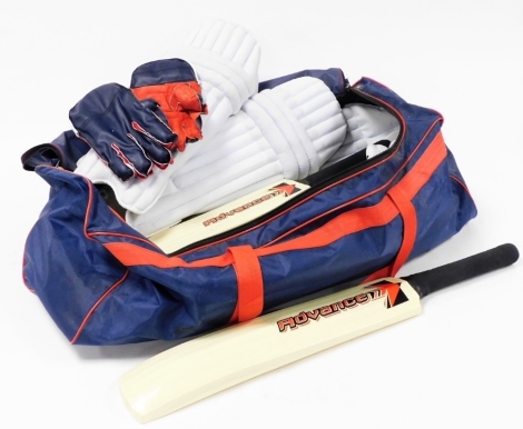 An Advanced cricket set, comprising bats, stumps, pads, gloves, ball, etc., in a canvas bag.