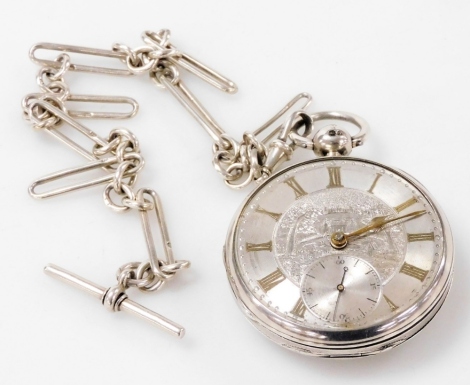 A William IV gentleman's silver cased pocket watch, open faced, key wind, circular dial engraved with a village landscape, chapter ring bearing Roman numerals, subsidiary seconds dial, fusee movement by A Rippin of Holbeach, number 3199, the case with eng