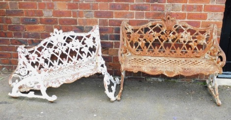 A pair of 19thC Coalbrookdale style cast iron benches, each with a lattice shaped back, decorated with grapes and vines, a pierced seat and shaped seat rail, on X shaped end supports, 106cm wide. (AF)