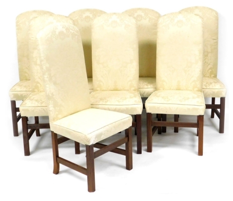 A set of eight hardwood dining chairs in mid 18thC style, each upholstered in gold and cream damask on plain supports with stretchers. The upholstery in this lot does not comply with the 1988 (Fire & Fire Furnishing) Regulations, unless sold to a known ex