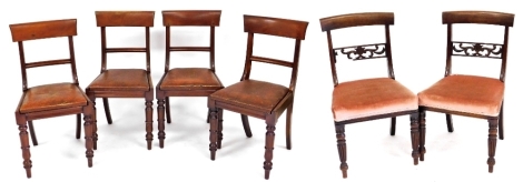 A set of four late Regency mahogany dining chairs, each with a plain bar back, a drop in seat, on turned tapering legs, and two further 19thC side chairs. (AF)