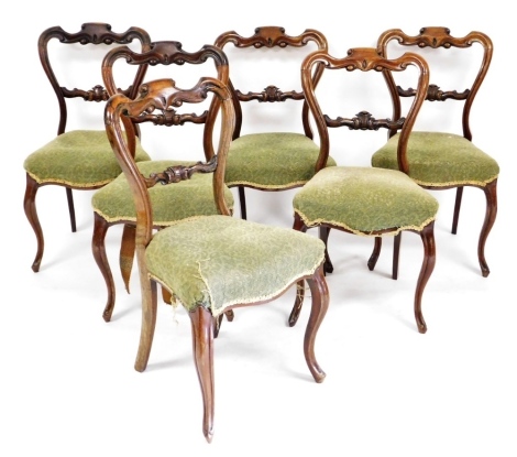 A set of six William IV rosewood balloon back dining chairs, each with a green upholstered padded seat on cabriole legs.