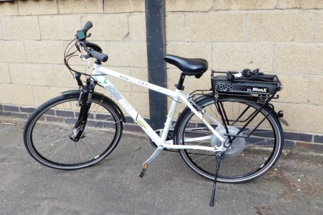 A Klimia Activ TM electric bicycle, with a white chassis, BNX battery, and charging cable.