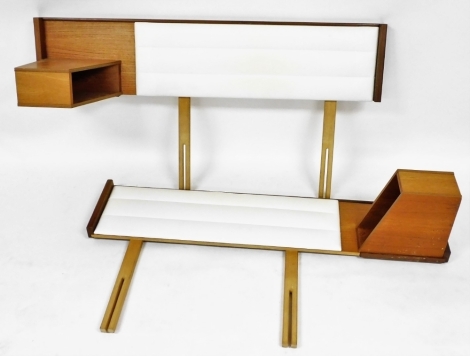 A pair of Slumberland vintage teak bed headboards, with white leatherette upholstery, each 140cm wide.