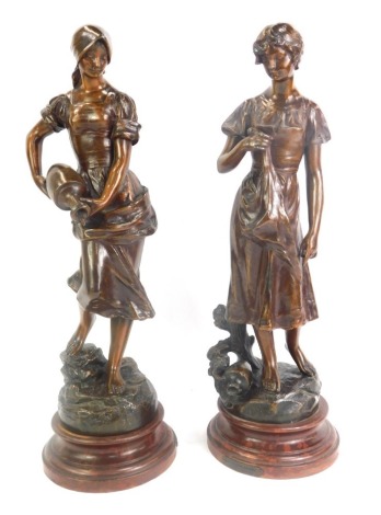 After Julien Causs (French, 1869-1914). A pair of late 19thC spelter figures, modelled as 'A La Fontaine' and 'La Cruche Cassee', signed, bearing stamp Fabrication Francaise Paris, raised on faux red marble wooden socles, 51cm high. (2)