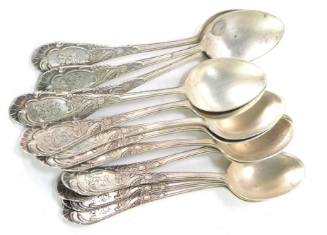 Twelve Soviet era silver table spoons, with embossed foliate and scroll decoration, terminal reserve monogram engraved, bears hallmarks for 875 silver, 29.66oz