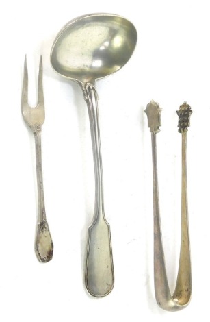 A Russian silver cream ladle, engraved with the Russian coat of arms, indistinct kokoshnik mark, together with a pair of sugar tongs, and a pickle fork, 4.18oz.