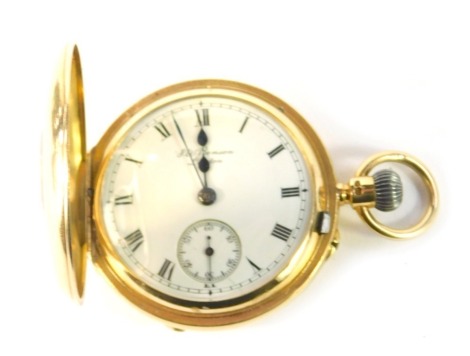 A J W Benson 18ct gold half hunter pocket watch, the gold casing with blue enamel numeric border, opening to reveal a white enamel dial, with seconds dial and blue hands, bezel wind, serial number 9181, 46.3g all in.