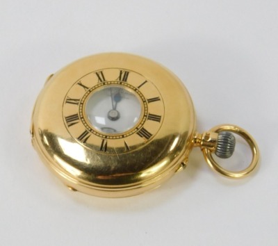 A J W Benson 18ct gold half hunter pocket watch, the gold casing with blue enamel numeric border, opening to reveal a white enamel dial, with seconds dial and blue hands, bezel wind, serial number 9181, 46.3g all in. - 2