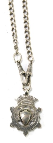 A silver watch chain, the curb link watch chain with two clips, and a shield fob, the chain 44cm long, the fob 4cm high, 32.8g.