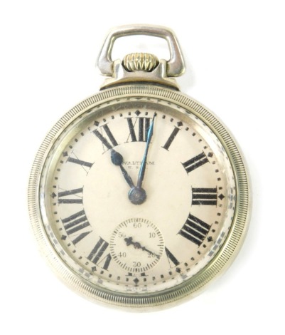 A Waltham USA stainless steel pocket watch, with a silvered Roman numeric dial with blue hands and seconds counter, 5cm diameter.