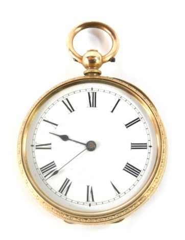 A Continental fob watch, with heavily floral engraved case, with vacant shield and floral scrolls, with white enamel Roman numeric dial with blue hands, yellow metal, unmarked, 49g all in.