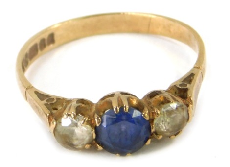 A 9ct gold dress ring, set with cz and sapphire, in a claw setting, ring size P, 2.1g all in.