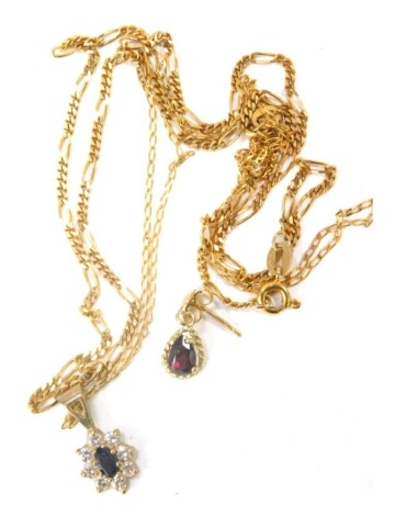 9ct gold and other jewellery, comprising a 9ct gold curb link neck chain, 40cm long, a 9ct gold fine link neck chain with cluster pendant, 30cm long, and a single 9ct gold and garnet set earring, 4.6g all in. (3)