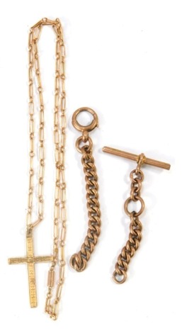 9ct gold jewellery, comprising 9ct gold elongated bar chain, 46cm long, and a hammered designed crucifix pendant, with two part curb link watch chains, yellow metal unmarked, 15.8g all in.