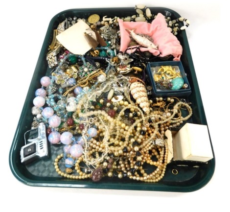 A group of costume jewellery, comprising a silver and paste stone set basket brooch, cultured pearl necklaces, hat pins, dress watches, bar brooches, etc. (1 tray)