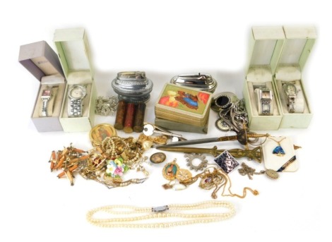 Costume jewellery, comprising four Rave lady's wristwatches, dress necklaces, bracelets, cross fox needle cases, table lighters, dress rings, etc. (1 tray)