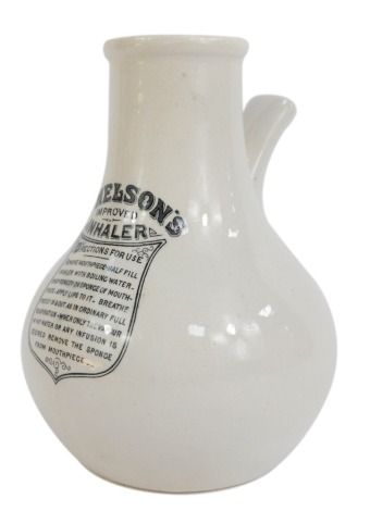 A 19thC Doctor Nelson's Improved Ceramic Inhaler, typical white glaze with shield, etc, 16cm high.