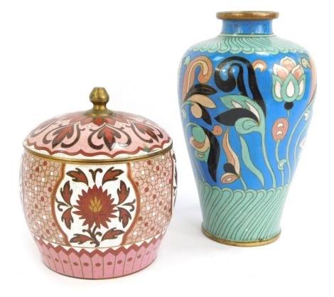 A Chinese cloisonne jar and cover, decorated with leaves, flowers, etc, in pink, red and white, blue mark to underside, unmarked, 13cm high, and a Chinese cloisonne vase, decorated with flowers in black, green and pink with green borders, 19cm high. (2)