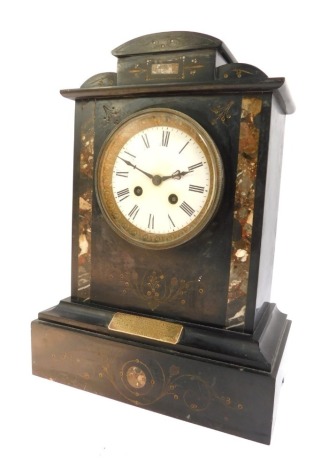 A Victorian slate and marble mantel clock, circular enamel dial bearing Roman numerals, eight day movement with bell strike, the case of architectural form. with brass presentation plate "Presented to Mr George F Clifton, on the occasion of his marriage, 