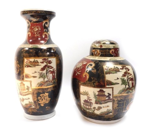 A Chinese porcelain famille noir porcelain ginger jar and a similar vase, each with painted decoration of landscapes, buildings, etc, in red, green and gilt, 28cm high and 36cm high respectively. (2)