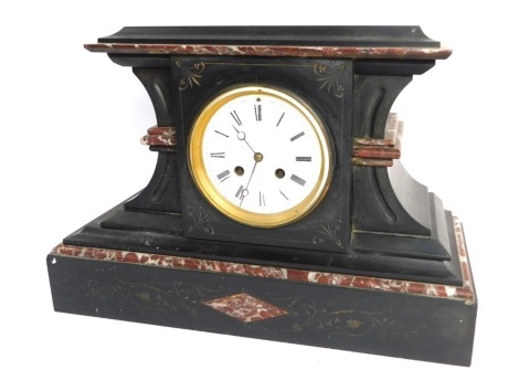 A late 19thC French black slate and marble mantel clock, circular dial, stamped Henry Marc Paris, Roman numerals, eight day movement with bell strike, the case of architectural form, with pendulum and key, 29cm high, 40cm wide. (AF)