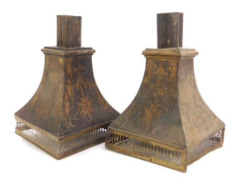 A pair of Regency toleware lamps, with floral design, and pierced fret with square top, 30cm high, 19cm wide.