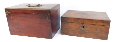 Two Victorian wooden boxes, comprising a mahogany instrument box, 20cm high, 32cm wide, 20cm deep, and a rosewood writing box, lacking escutcheons, with a vacant interior, 13cm high, 30cm wide, 23cm deep. (2)