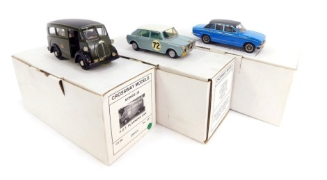 Three Crossway models, comprising a Morris JB POT Planners van, a Triumph Dolomite Sprint AWK340T, and a Morris 1100 Liege-Sofia-Liege, boxed. (3)