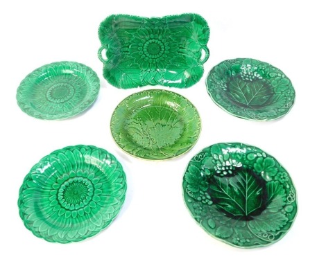 19thC and later green leaf pottery plates, comprising two marked Wedgwood, a twin handled dish, and three unmarked. (6)