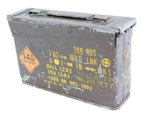 A military ammunition case, for 200 rounds, brown metal painted case, 16cm high, 27cm wide, 8cm deep.