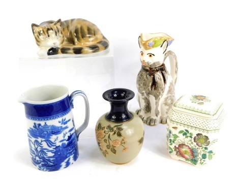 Assorted ceramics, comprising a Doulton Lambeth ribbed vase with floral design, 16cm high, a Copeland Spode blue and white milk jug, 15.5cm high, a Masons Regency pattern ginger jar and cover, 13cm high, a Staffordshire style cat jug, 23cm high, and a Sta