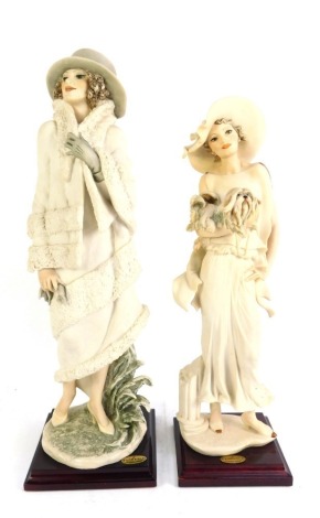 Two Florence figures, modelled by Giuseppe Armani, comprising lady in evening dress with gloves, 44cm high, and a lady carrying a dog, 39cm high. (2)