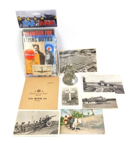 Replica WWII related effects, to include Volunteer for Flying Duties brochure, Wills' Cigarettes Aeroplanes, black and white photographs, ESSO book 121, and a pewter model of a Dunkirk 1940 soldier. (a quantity)