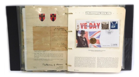 Various coin covers, militaria relating to Reg Bernard Frederick Ellis of The General Service Corp, cap badges, Armed Forces bank notes, propaganda ephemera, Last Will and Testament of Adolf Hitler, etc. (a quantity)