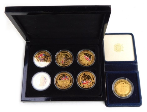 The First World War Centenary coin collection, in fitted case, containing five gold plated alloy crowns, and a 50th Anniversary of the Normandy Campaign gold coloured crown. (7 overall)